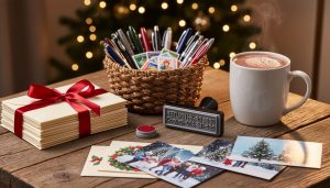 Never Lose a Christmas Card Address Again (Your Complete Planning Solution) Organized Christmas card-writing station on a wooden table with envelopes tied in red ribbon, rubber stamp, pens, postage stamps, basket of supplies, and a mug of cocoa, with a softly blurred Christmas tree behind; no visible text.