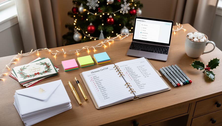 Christmas cards and addressed envelopes scattered on wooden table with holiday decorations