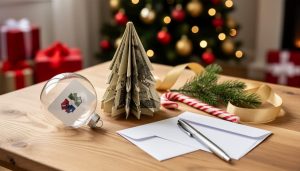 Why Cash and Gift Cards Make the Perfect Christmas Present (When You Follow These 5 Rules) Close-up of cash folded into an origami Christmas tree and a gift card inside a clear ornament on a wooden table with a blank notecard, pen, candy cane, evergreen sprigs, and gold ribbon, with a softly blurred Christmas tree and gifts behind.