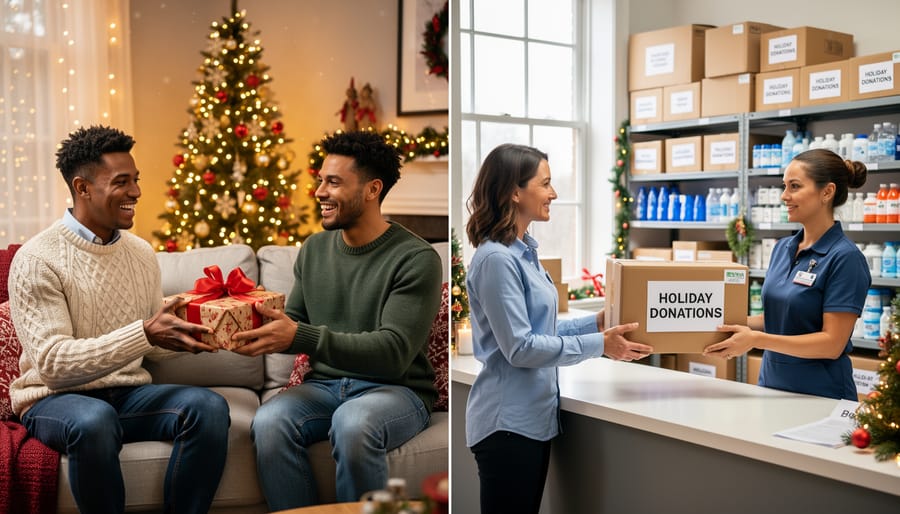 Hands exchanging a wrapped Christmas gift across a festive table with holiday decorations