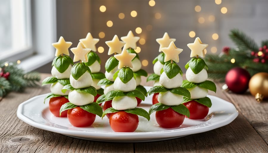 Caprese skewers creatively arranged to look like miniature Christmas trees with mozzarella stars on top