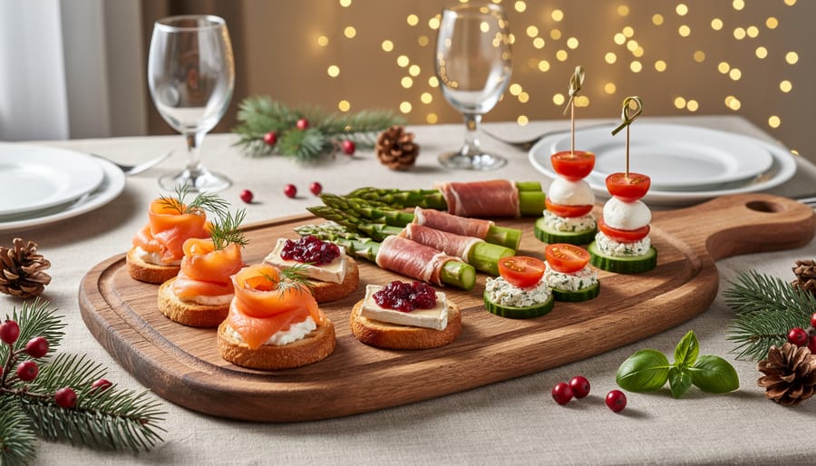 Overhead view of assorted Christmas canapés beautifully arranged on wooden board with festive decorations