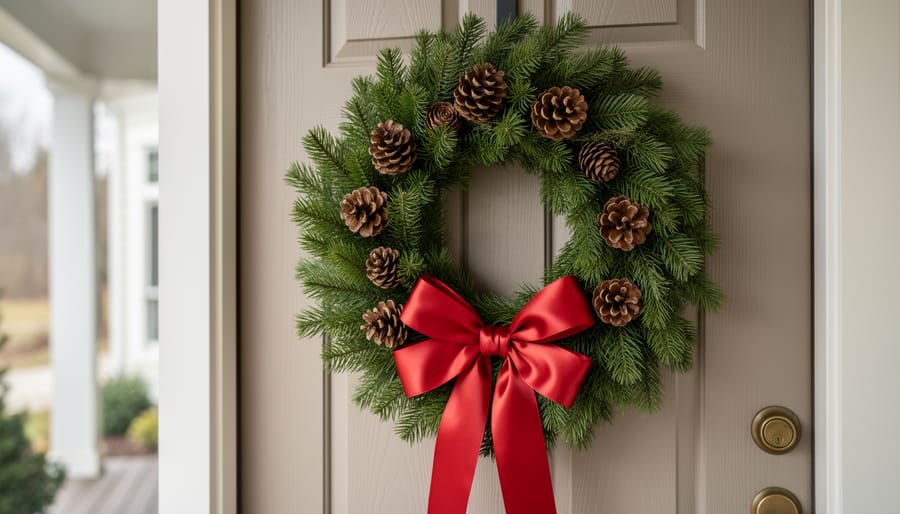 Traditional evergreen Christmas wreath with red bow and pinecones hanging on white front door