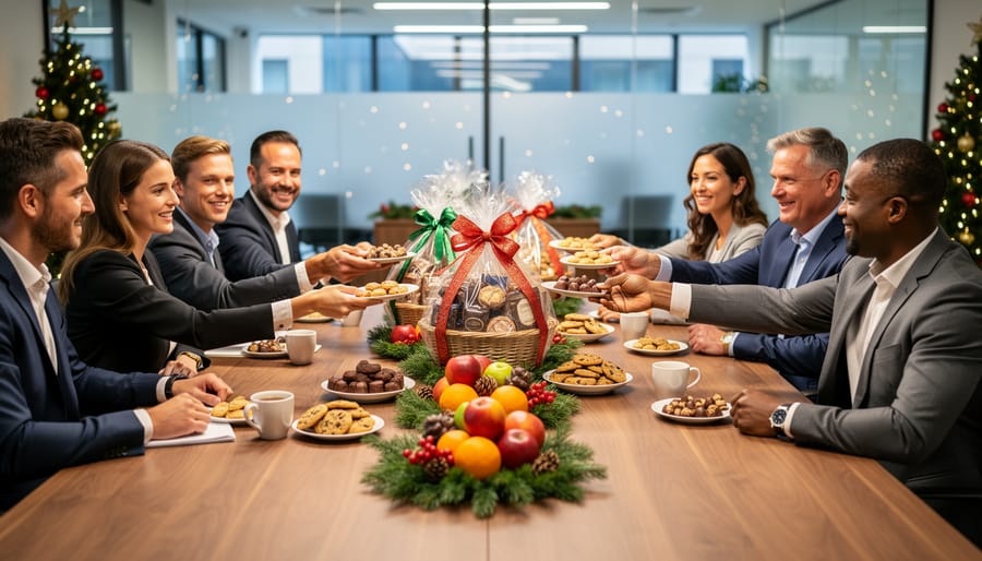 Business team gathered around conference table sharing holiday gift basket together