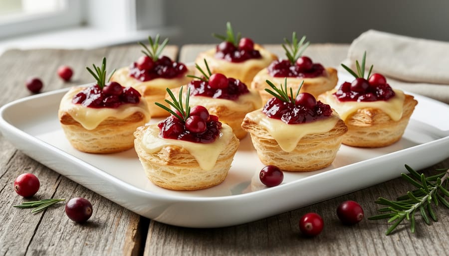 Close-up of cranberry and brie canapés on golden pastry garnished with fresh rosemary