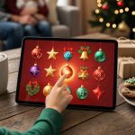 Child’s hand reaching toward a tablet with a festive grid of ornament icons (no text) on a wooden table with hot cocoa and cookies, warm string-light bokeh, and a softly blurred family and Christmas tree in the background.