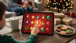 Child’s hand reaching toward a tablet with a festive grid of ornament icons (no text) on a wooden table with hot cocoa and cookies, warm string-light bokeh, and a softly blurred family and Christmas tree in the background.