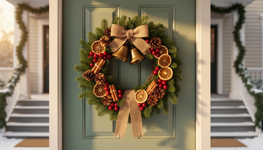 Handmade holiday wreath on a sage-green front door, featuring a grapevine base with evergreen branches, pinecones, dried orange slices, cinnamon sticks, red cranberries, and small brass bells tied with burlap ribbon, lit by warm golden-hour light with a softly blurred porch and snow-dusted steps behind.