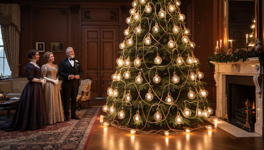 Vintage early electric Christmas light bulbs with hand-wired connections and cloth cords