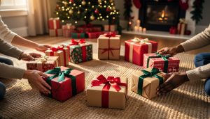 Eight neatly wrapped Christmas gifts arranged in a circle on a woven rug, with parents’ and children’s hands reaching toward them under warm window light and a blurred, twinkling Christmas tree in the background.