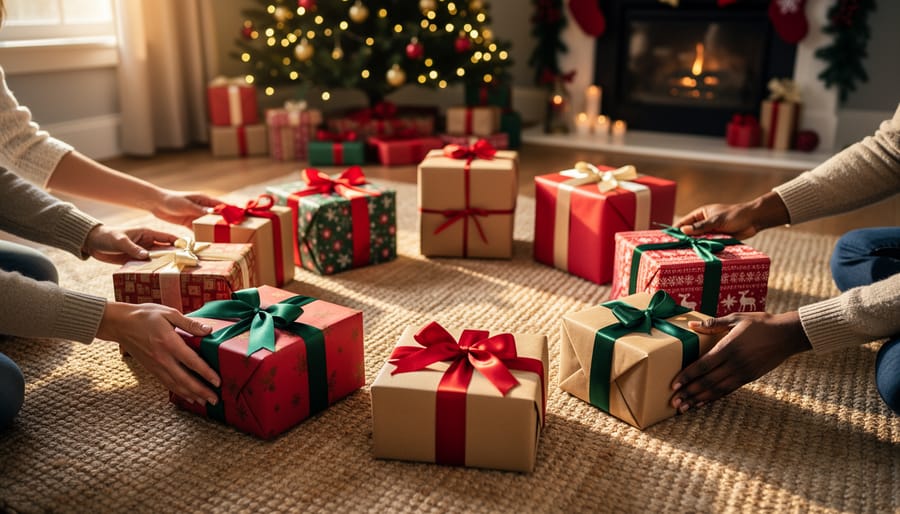 Eight neatly wrapped Christmas gifts arranged in a circle on a woven rug, with parents’ and children’s hands reaching toward them under warm window light and a blurred, twinkling Christmas tree in the background.