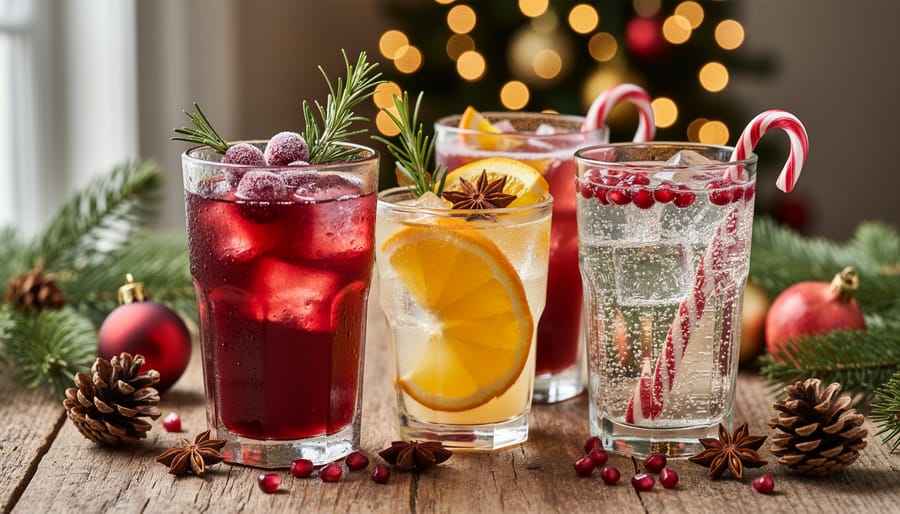 Overhead view of elegant red Christmas mocktails garnished with rosemary and cranberries on festive table