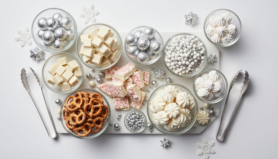 Elegant white and silver themed Christmas candy board with gourmet chocolates and winter decorations