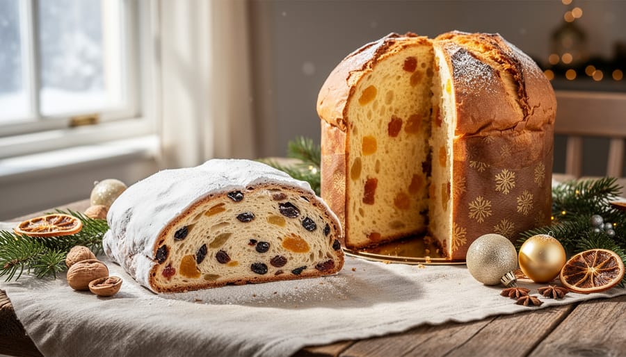 Close-up of European Christmas breads including stollen and panettone on rustic wooden board