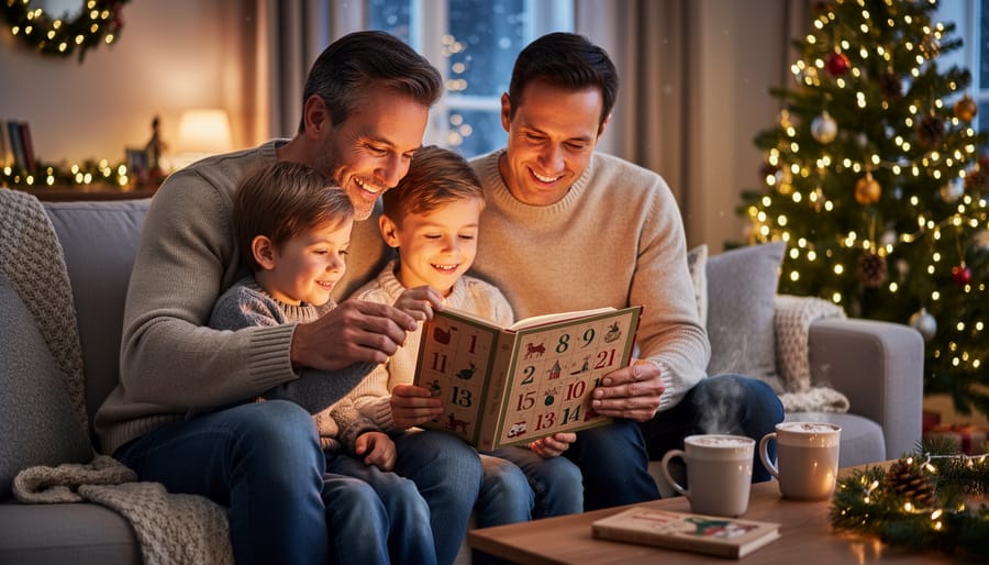 Family reading handmade advent calendar book together on couch with Christmas tree in background