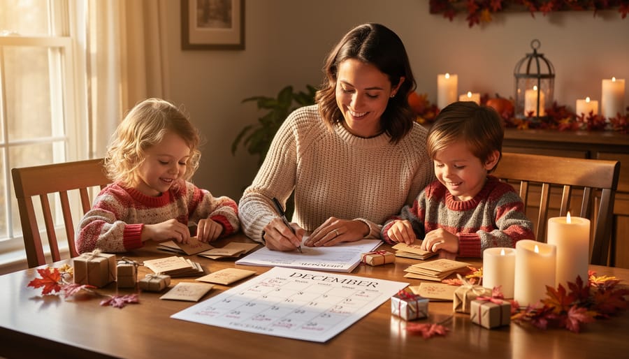 Family preparing advent calendar materials together at kitchen table
