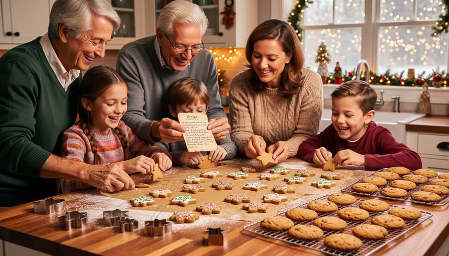 Grandmother decorating festive Christmas cookies with colorful icing on kitchen counter