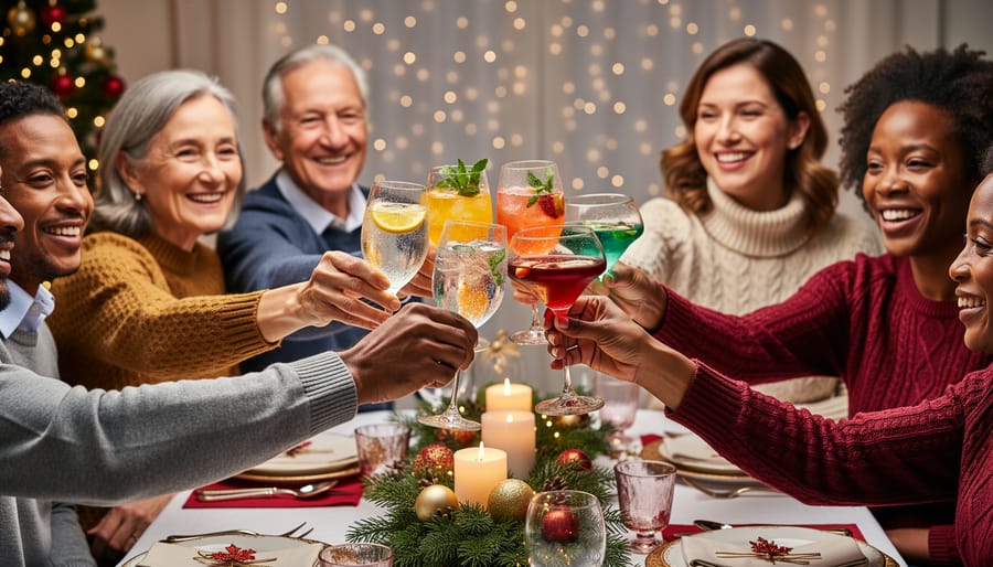 Family members of all ages toasting with colorful non-alcoholic Christmas cocktails around holiday table