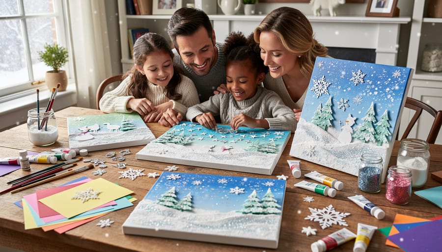 Overhead view of family creating mixed media winter art with glitter, fabric, and natural materials