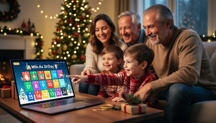 Multi-generational family gathered around tablet viewing digital advent calendar together