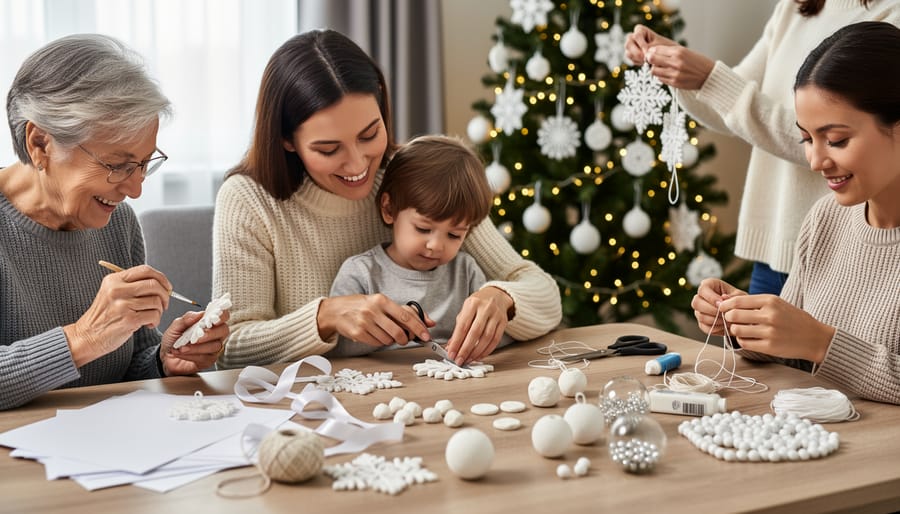 Mother and daughter decorating Christmas tree together with handmade white snowflakes and ornaments