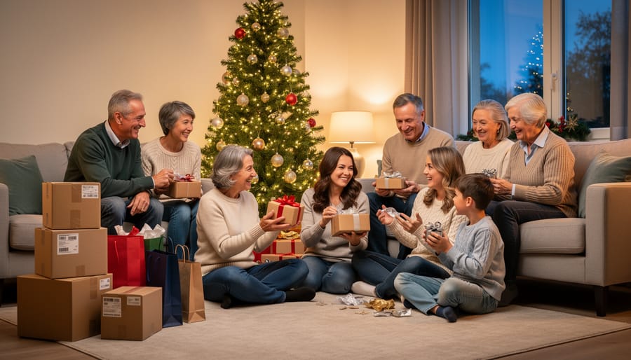 Family gathered around table exchanging wrapped Christmas gifts during holiday celebration