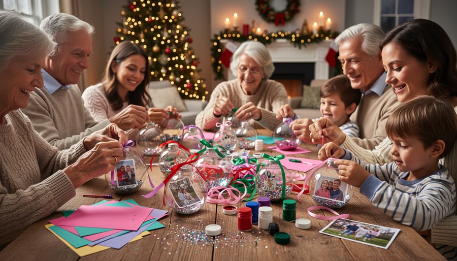 Multiple generations of family members' hands crafting felt ornaments together at table with holiday supplies