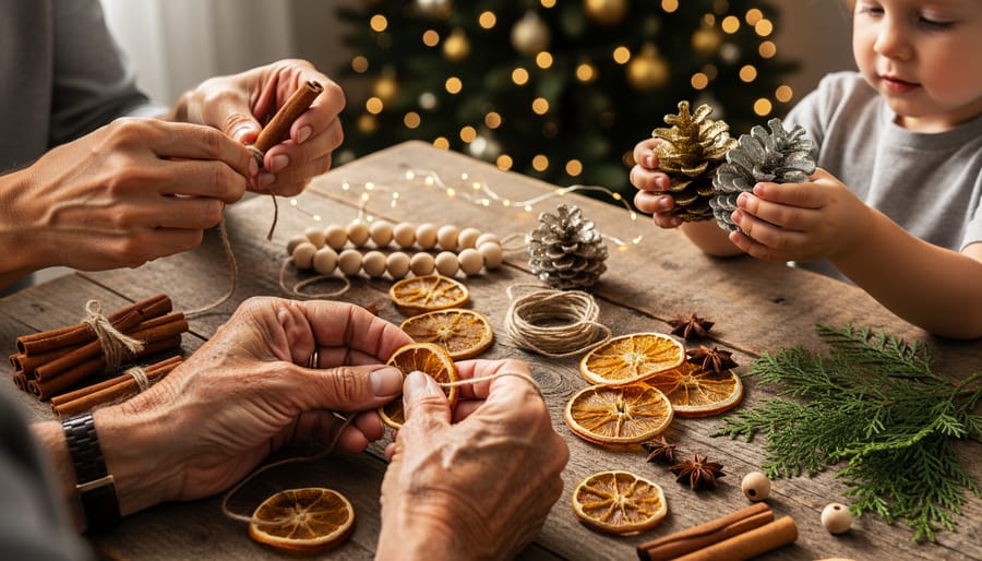 Close-up of intergenerational hands assembling handmade holiday ornaments—dried orange slices, cinnamon sticks, glittered pinecones, and wooden beads—on a rustic table lit warmly, with blurred Christmas tree lights in the background.