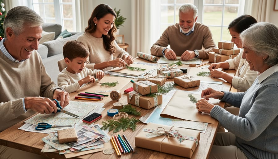 Multi-generational family wrapping gifts together with handmade upcycled materials at dining table