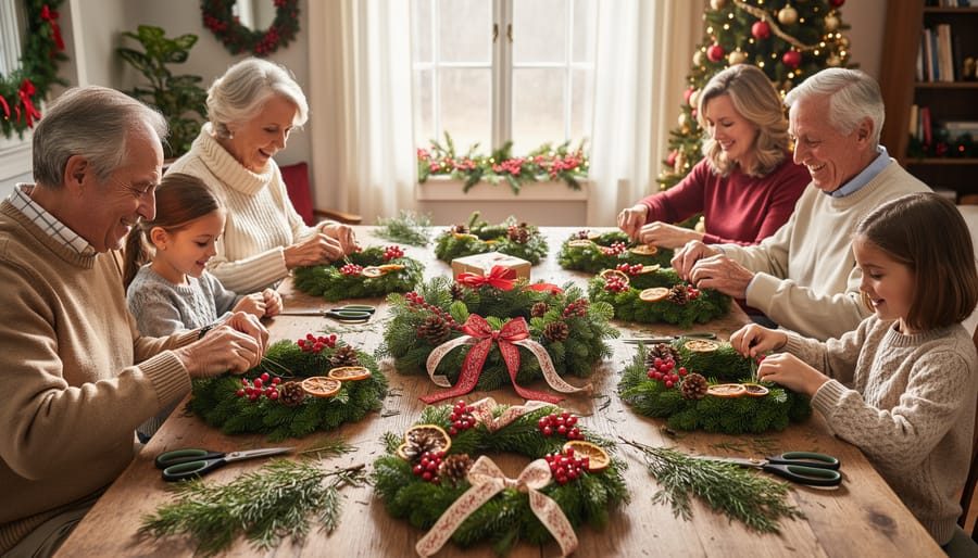 Family of three generations crafting holiday wreaths together around table with natural window lighting