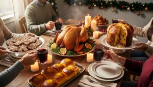 Overhead three-quarter view of a warm holiday table with roast turkey, gingerbread cookies, saffron buns, and panettone; hands passing dishes and pouring mulled wine, with candles, evergreen garland, and blurred family silhouettes in the background.