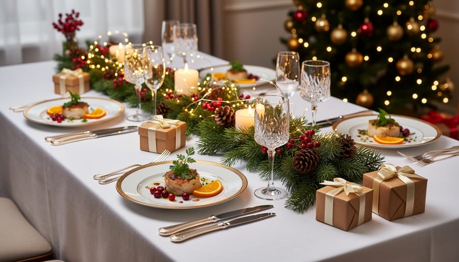 Elegantly plated Christmas dessert on fine china with festive table decorations
