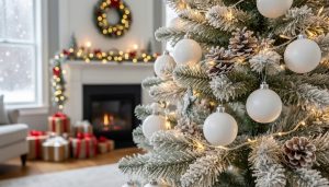 Close-up of a flocked Christmas tree branch with snowy coating, warm white string lights, frosted pinecones, and white ornaments; softly blurred living room with fireplace mantel, wrapped gifts, and a snowy window in the background.