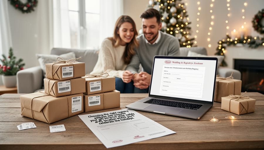 Amazon package delivered to front porch with holiday wreath beside doorway