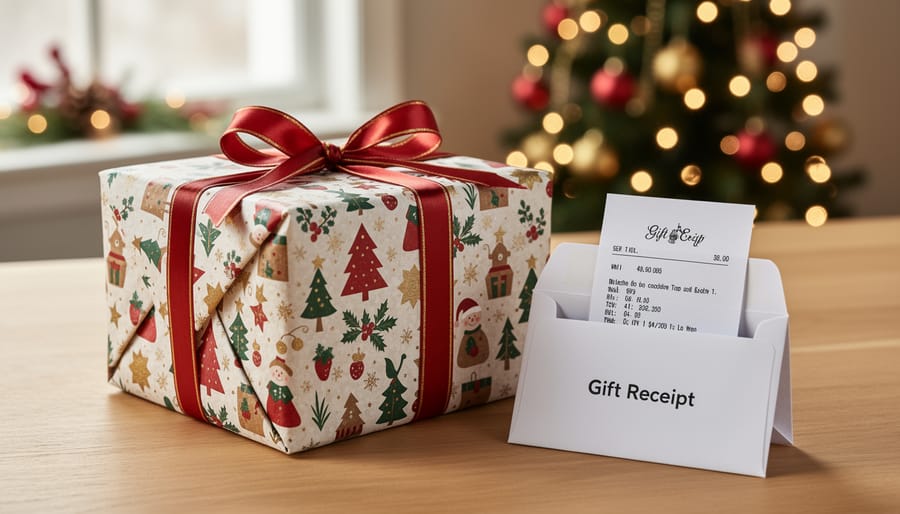Wrapped Christmas gift with gift receipt and greeting card on wooden table with holiday decorations