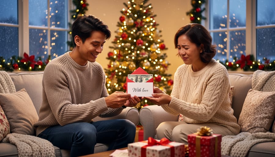 Close-up of hands exchanging Christmas card with cash gift during family celebration
