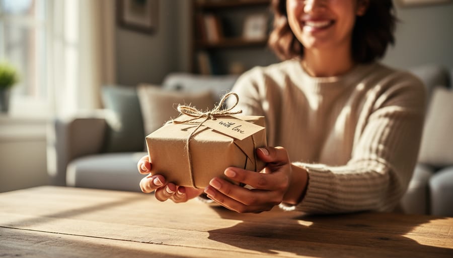 Mother and child opening handmade Christmas gift together on Christmas morning