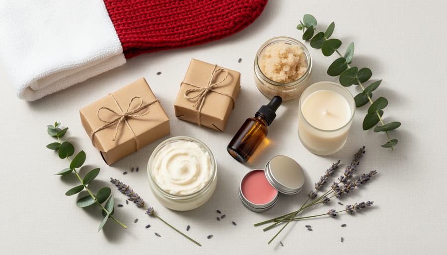 Flat lay of handmade natural products including beeswax candle, lavender soaps, essential oil rollers, and sachets on linen fabric