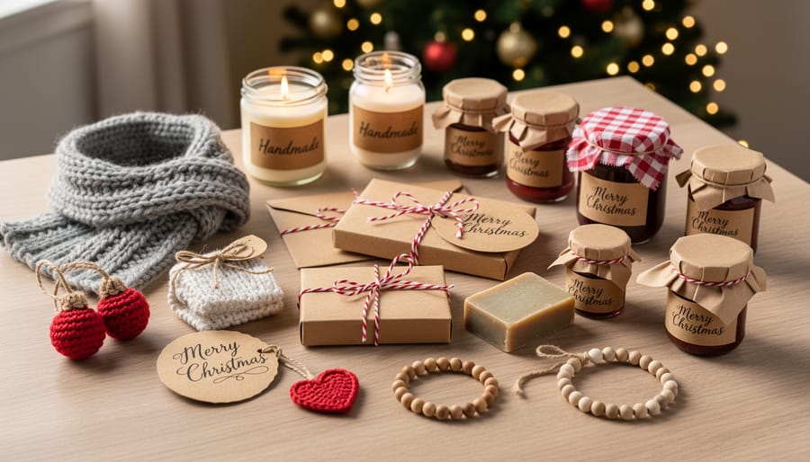 Overhead view of various handmade stocking stuffers including knitted items, candies, and soaps arranged on white wooden surface
