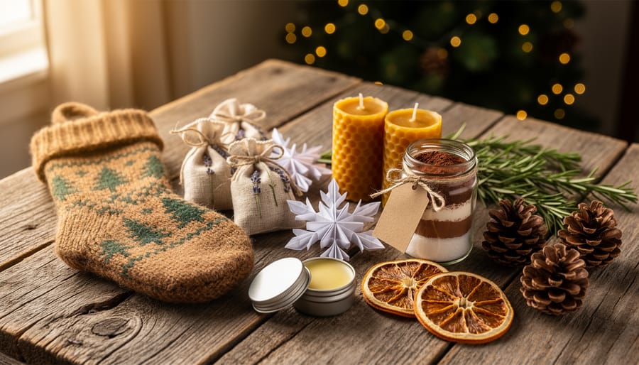 Knitted Christmas stocking half filled on a rustic wooden table, surrounded by lavender sachets, rolled beeswax candles, origami snowflake ornaments, small layered cocoa jars, peppermint lip balm tins, dried orange slices, pine cones, and rosemary sprigs, with warm side light and blurred twinkle lights and evergreen garland in the background.