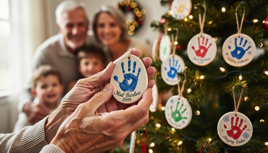 Child's handprint ornament hanging on Christmas tree branch with bokeh lights in background