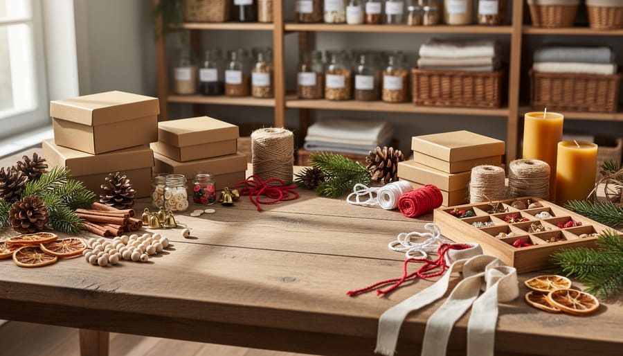 Overhead view of organized holiday craft supplies including pinecones, felt, ribbons, and natural materials on wooden table