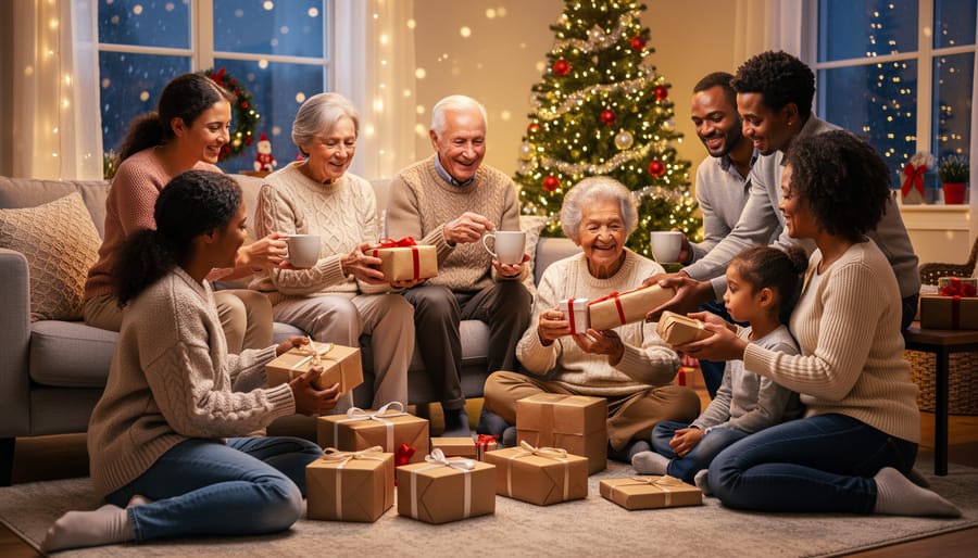 Multi-generational family holding hands around Christmas dinner table