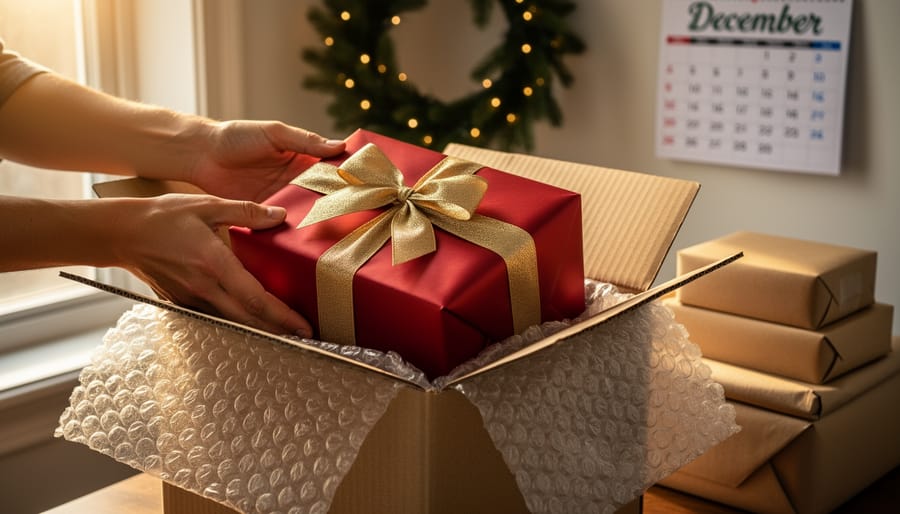 Hands place a red-wrapped Christmas gift into a bubble-wrap-lined corrugated box on a wooden table with packing tape and scissors nearby; background shows twinkle lights, evergreen garland, stacked parcels, and an out-of-focus wall calendar with no readable text or logos.