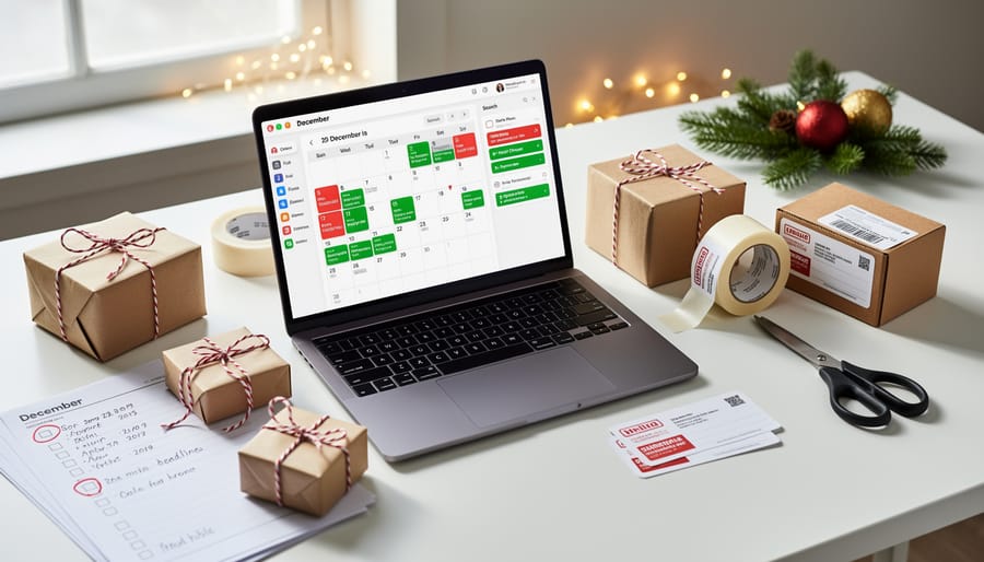 Calendar with marked December dates surrounded by wrapped Christmas presents and holiday decorations