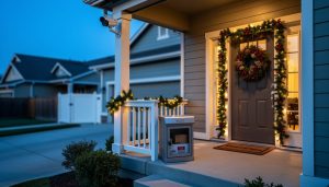 Holiday-decorated front porch at dusk with a security camera mounted high under the eave, warm interior and string lights, and a weatherproof package lockbox holding a delivered parcel; driveway, side gate, and quiet street softly blurred in the background.