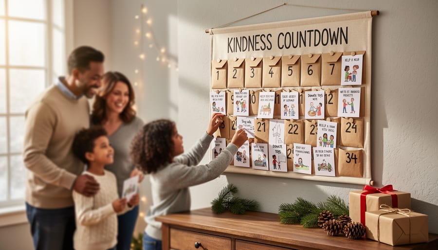 Child's hands holding wrapped gift with Christmas lights in background