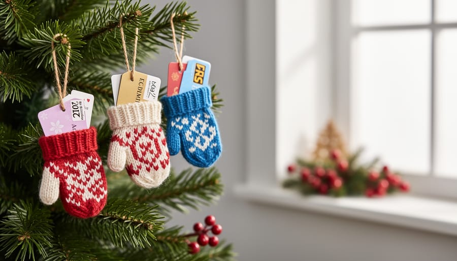 Close-up of hands holding small red knitted mitten ornament with snowflake pattern