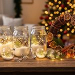 Eye-level view of a rustic wooden table with glowing LED holiday crafts—mason jars with faux snow and pinecones, a grapevine wreath wrapped in copper wire lights with dried orange slices and cinnamon sticks, and lit clear glass ornaments—set against a blurred Christmas tree with warm bokeh lights.