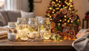Eye-level view of a rustic wooden table with glowing LED holiday crafts—mason jars with faux snow and pinecones, a grapevine wreath wrapped in copper wire lights with dried orange slices and cinnamon sticks, and lit clear glass ornaments—set against a blurred Christmas tree with warm bokeh lights.